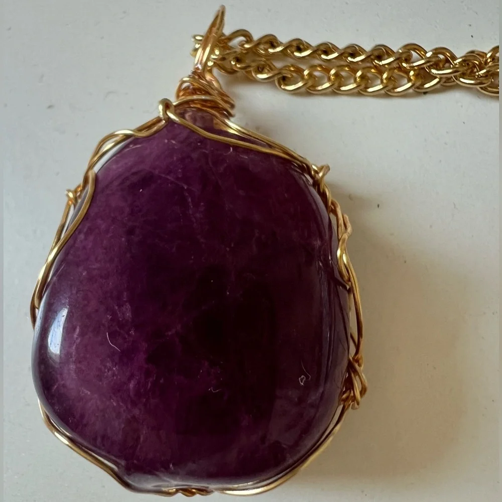 ✨ Deep Purple Fluorite Necklace • Gold Wrapped • 24" Chain ✨ - Picture 16 of 16
